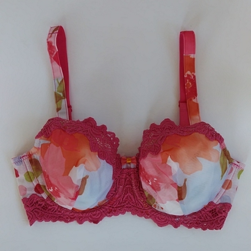 Whimsy Sexy Floral Polka Dot Crochet Lace Underwire Bra 34D Pink White